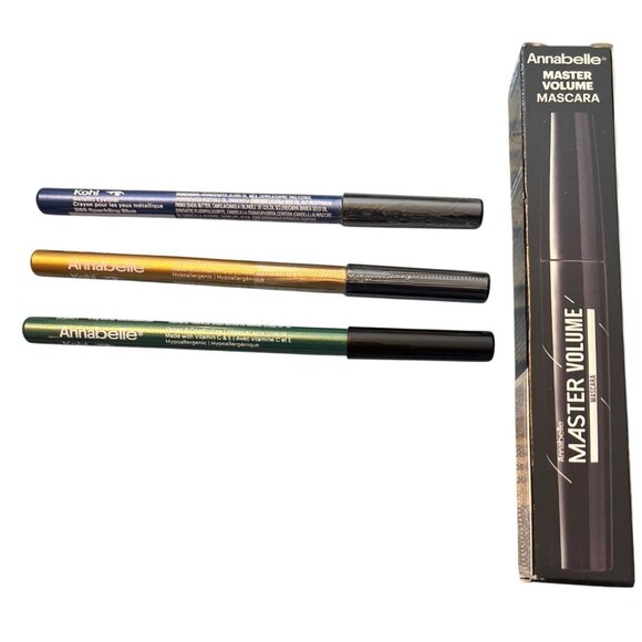 Annabelle Master Volume Black Mascara, 3 Kohl Metallic Eyeliners Blue Gold Green - Picture 1 of 9